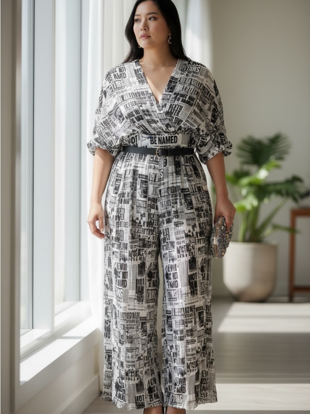 L’atiste Newspaper Print Wide Leg Jumpsuit w Belt